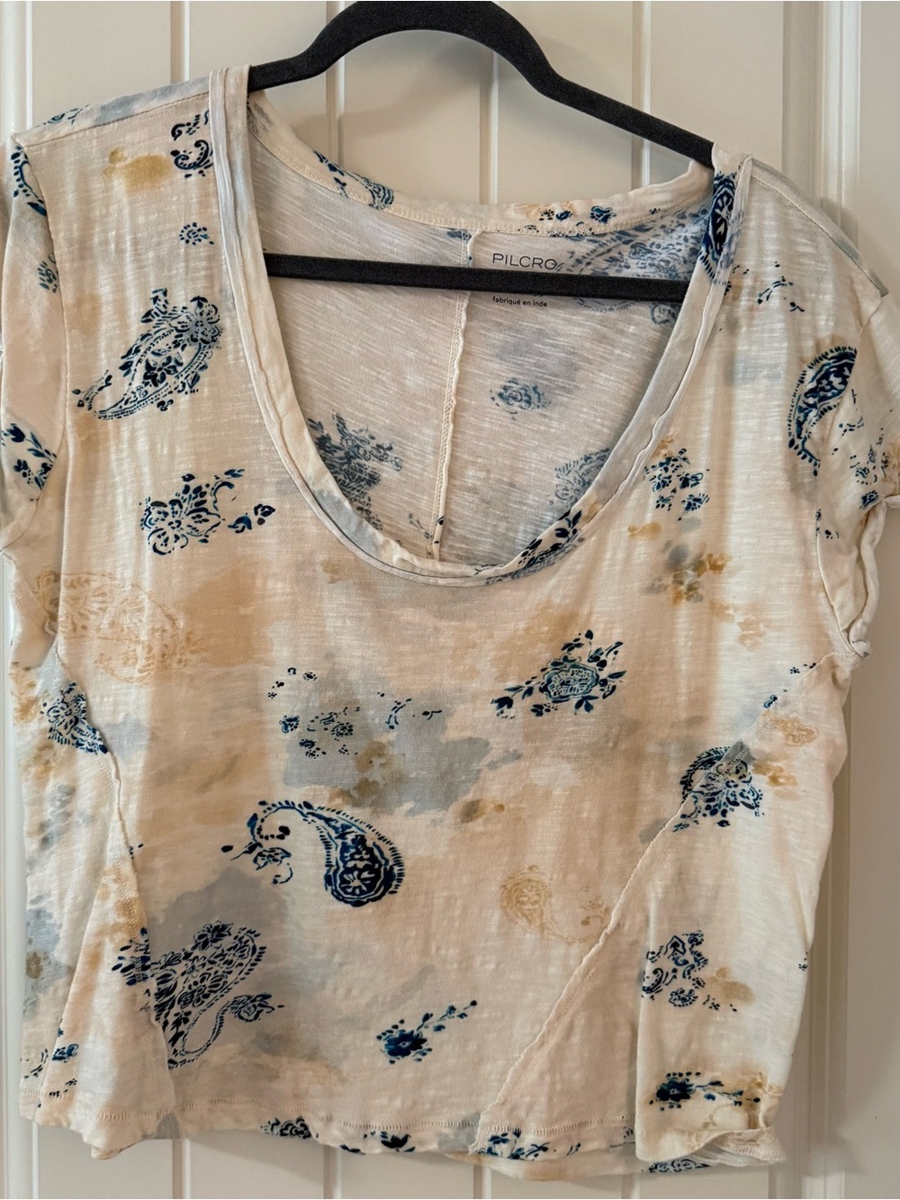 Pilcro Cream Scoop Neck Short Sleeve Top with Blue Paisley Print